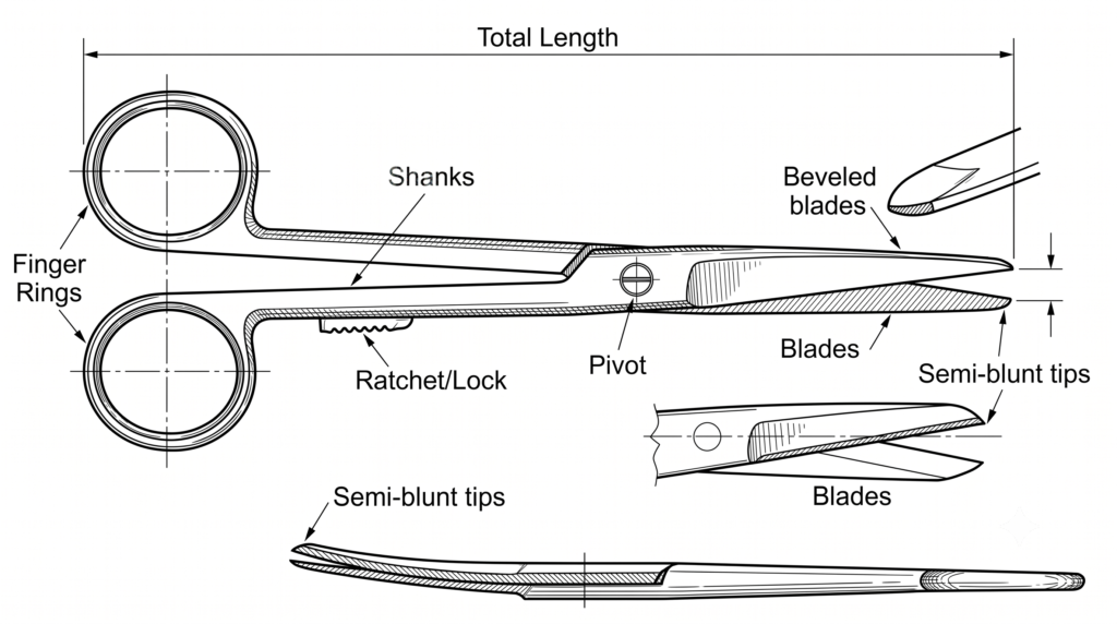Mayo Scissors anatomy drawing showing parts and types